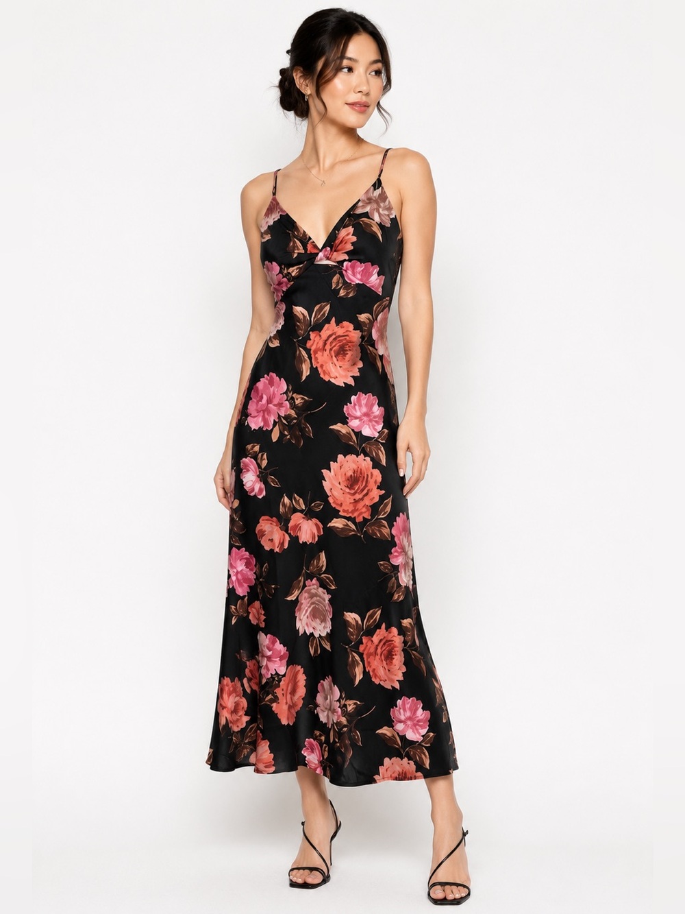 Emerald Sundae Black Pink Floral Maxi Dress Medium Spaghetti Strap Slip Dress